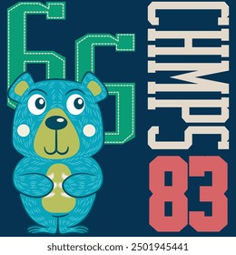 Cute, fun, playful bear sports design with texts in school shapes, numbers and attractive colors to capture activism for a healthy and fun life