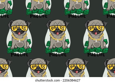 Cute fun pug dog cartoon drawing. Seamless pattern repeating texture background design. Vector illustration for fashion prints, fabrics.