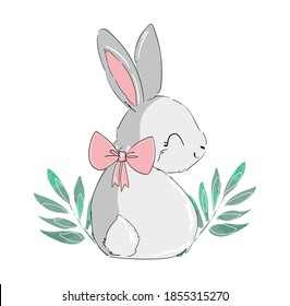 Cute fun rabbit with bow and leaves vector illustration