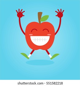 Cute and fun red apple fruit flat cartoon with various face and emotion for kids and blue background