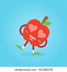 Cute and fun red apple fruit flat cartoon with various face and emotion for kids and blue background