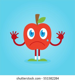 Cute and fun red apple fruit flat cartoon with various face and emotion for kids and blue background