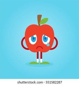 Cute and fun red apple fruit flat cartoon with various face and emotion for kids and blue background