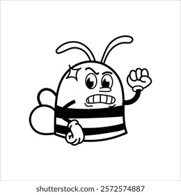 Cute and fun retro rubber hose bee cartoon character vector illustration. Cool and fun black and white bee character print design.