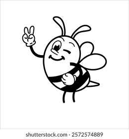 Cute and fun retro rubber hose bee cartoon character vector illustration. Cool and fun black and white bee character print design.