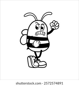 Cute and fun retro rubber hose bee cartoon character vector illustration. Cool and fun black and white bee character print design.