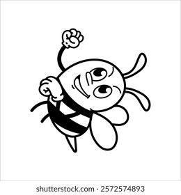 Cute and fun retro rubber hose bee cartoon character vector illustration. Cool and fun black and white bee character print design.