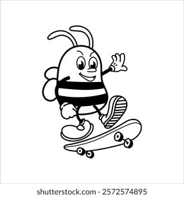 Cute and fun retro rubber hose bee cartoon character vector illustration. Cool and fun black and white bee character print design.