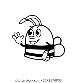 Cute and fun retro rubber hose bee cartoon character vector illustration. Cool and fun black and white bee character print design.