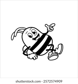 Cute and fun retro rubber hose bee cartoon character vector illustration. Cool and fun black and white bee character print design.