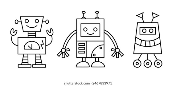 Cute Fun Robot Character Outline Doodle Icons Set. Androids Vector Illustrations Collection Isolated on White