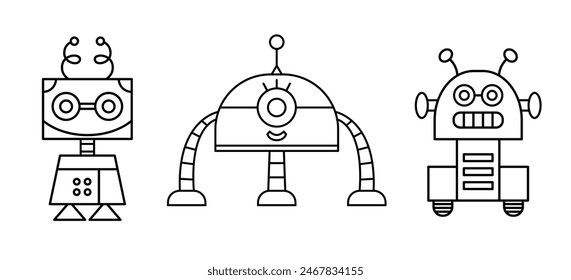 Cute Fun Robot Character Outline Doodle Icons Set. Androids Vector Illustrations Collection Isolated on White