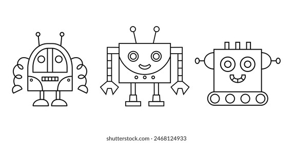 Cute Fun Robot Character Outline Doodle Icons Set. Androids Vector Illustrations Collection Isolated on White