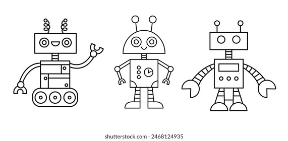 Cute Fun Robot Character Outline Doodle Icons Set. Androids Vector Illustrations Collection Isolated on White