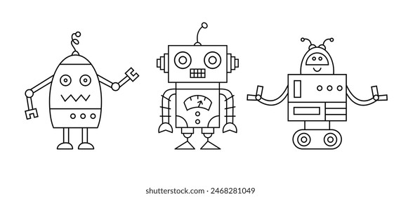 Cute Fun Robot Character Outline Doodle Icons Set. Androids Vector Illustrations Collection Isolated on White