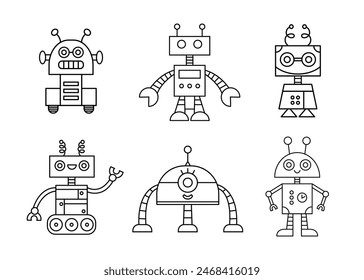 Cute Fun Robot Character Outline Doodle Icons Set. Androids Vector Illustrations Collection Isolated on White