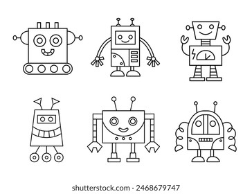 Cute Fun Robot Character Outline Doodle Icons Set. Androids Vector Illustrations Collection Isolated on White