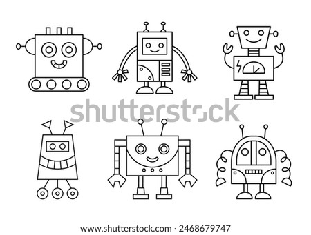 Cute Fun Robot Character Outline Doodle Icons Set. Androids Vector Illustrations Collection Isolated on White