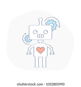 Cute fun robot with heart, artificial intelligence with feelings, artificial intelligent machine learning technology. Flat AI line icon concept in light colors.