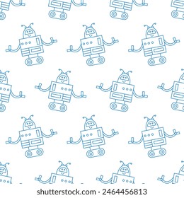 Cute Fun Robots Seamless Pattern. Outline Androids Doodle Icons Background Print. Vector Illustration