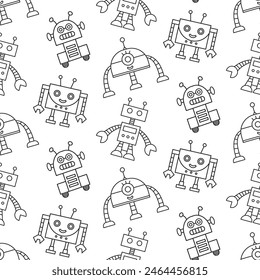 Cute Fun Robots Seamless Pattern. Outline Androids Doodle Icons Background Print. Vector Illustration