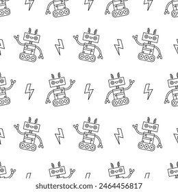 Cute Fun Robots Seamless Pattern. Outline Androids Doodle Icons Background Print. Vector Illustration