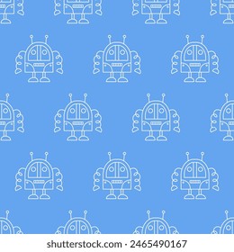 Cute Fun Robots Seamless Pattern. Outline Androids Doodle Icons Background Print. Vector Illustration