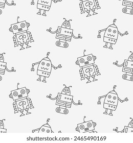 Cute Fun Robots Seamless Pattern. Outline Androids Doodle Icons Background Print. Vector Illustration