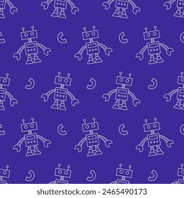 Cute Fun Robots Seamless Pattern. Outline Androids Doodle Icons Background Print. Vector Illustration