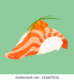 Cute and Fun Salmon Sushi or Sake Nigiri with Ikura Toppings or Caviar Vector Illustration for Japanese Restaurant Bar Menus, Stickers, Icons, isolated on green background 