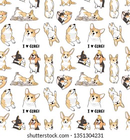 Cute and fun seamless pattern with breed dog - welsh corgi, isolated objects on white background 