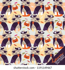 Cute and fun Seamless pattern of pirate cats holding Jack-O-Lantern pumpkin baskets and many sweets for Halloween season.