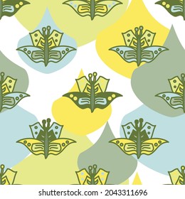 Cute, fun seamless vector butterflies repeat pattern with geometric shapes backdrop in muted green, blue and yellow shades