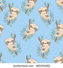 Cute fun sloths on a branch with leaves seamless pattern vector illustration 