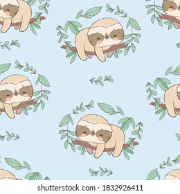 Cute fun sloths on a branch with leaves seamless pattern vector illustration 