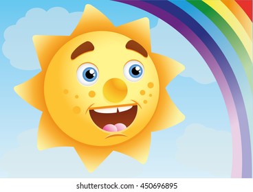 Cute fun smiling sun in the sky, looking at the rainbow. Funny cartoon character. Vector image