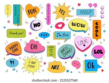 Cute fun speech bubbles, frames, clouds and boxes with text. Colorful decorative speech quotes retro comic design. Cartoon 3d hand drawn speech messages with text - well done, love, wow, yes, lol.