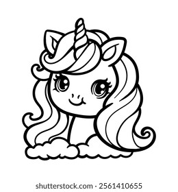 cute fun unicorn on the clouds cartoon isolated drawing line art style sketch classic vintage design illustration
