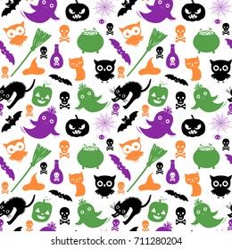 Cute and fun vector seamless pattern with silhouettes in black, green, orange and purple colors for Halloween designs and backgrounds