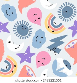 Cute fun weather symbols seamless pattern. Cartoon style fun back to school repeat pattern in pastel colours.