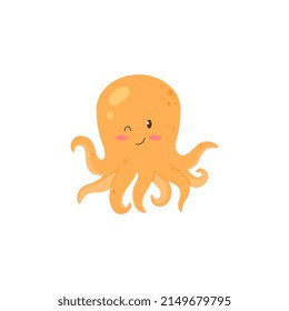 Cute fun winking octopus with kawaii sweet face. Small sea octopus adorable childish cartoon character, flat vector illustration isolated on white background.