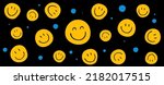 Cute and Fun Yellow Smiley Seamless Pattern. Lovely Expression Smiley Background Banner. Cute textile and Pattern design. happy, Joyful Colorful Pattern. Black, Yellow, Blue Background. Kids Backdrop.