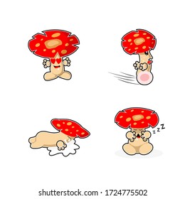 Cute Fungi Character and  Sticker Vector Set
