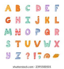 Cute funky 3d alphabet set with memphis decoration. Patterned bold font with shadow. Funny latin ABC with uppercase letters and punctuation marks for cover, logotype, festival headline, greeting card.