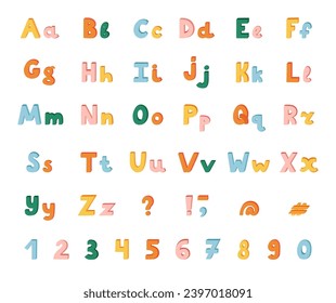 Cute funky 3d alphabet set. Bold font with shadow. Funny latin ABC with uppercase, lowercase letters, punctuation marks and numbers for poster, logo, headline, book cover, printed quotes.