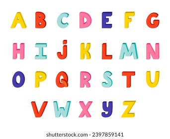 Cute funky 3d alphabet set. Bold font with shadow volume for book cover, printed quotes, logotype. Funny latin ABC with uppercase letters for cover, logotype, festival headline, greeting card, poster