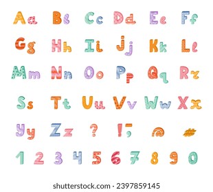 Cute funky 3d alphabet set with memphis decoration. Patterned bold font with shadow. Funny latin ABC with uppercase, lowercase letters, punctuation marks and numbers for poster, logo, headline