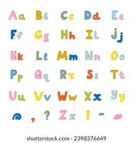 Cute funky 3d alphabet set with volume. Big collection of bold font with shadow. Funny latin ABC with uppercase and lowercase letters, punctuation marks for book cover, logotype, festival headline