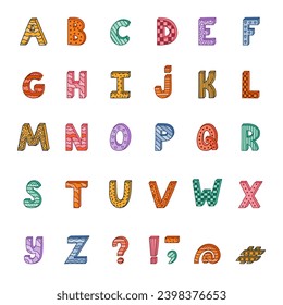 Cute funky 3d alphabet set with contrast outline and memphis decoration. Patterned bold font with shadow. Funny latin ABC with uppercase letters, punctuation marks for cover, logo, festival headline