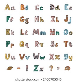 Cute funky 3d alphabet set with contrast outline and memphis decoration. Patterned bold font with shadow. Funny latin ABC with uppercase letters, punctuation marks for cover, logo, festival headline.